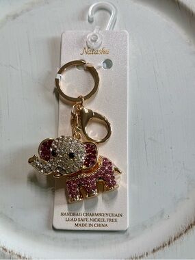 Natasha Couture Gold-Tone Elephant Keychain with Pink and Clear Crystals